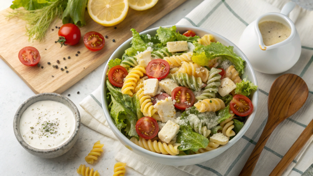 Bowl of creamy Caesar pasta salad with romaine lettuce and Parmesan cheese