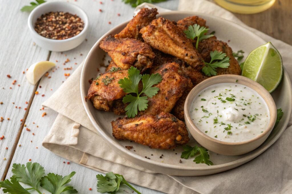 A plate of crispy, seasoned chicken wings garnished with parsley and served with ranch dipping sauce.