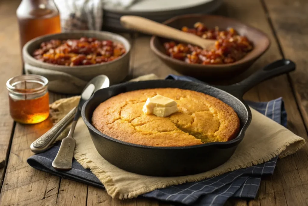 Golden Southern cornbread in a cast-iron skillet with melted butter on a rustic table.