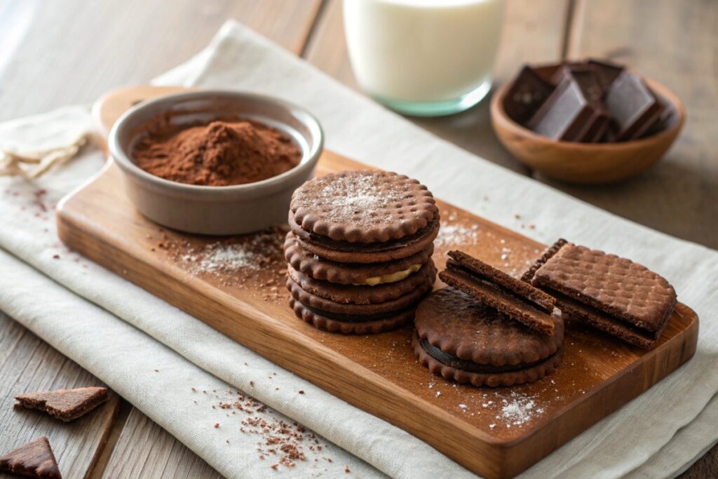 A stack of crispy chocolate wafer cookies on a wooden board, with cocoa powder and melted chocolate in the background.