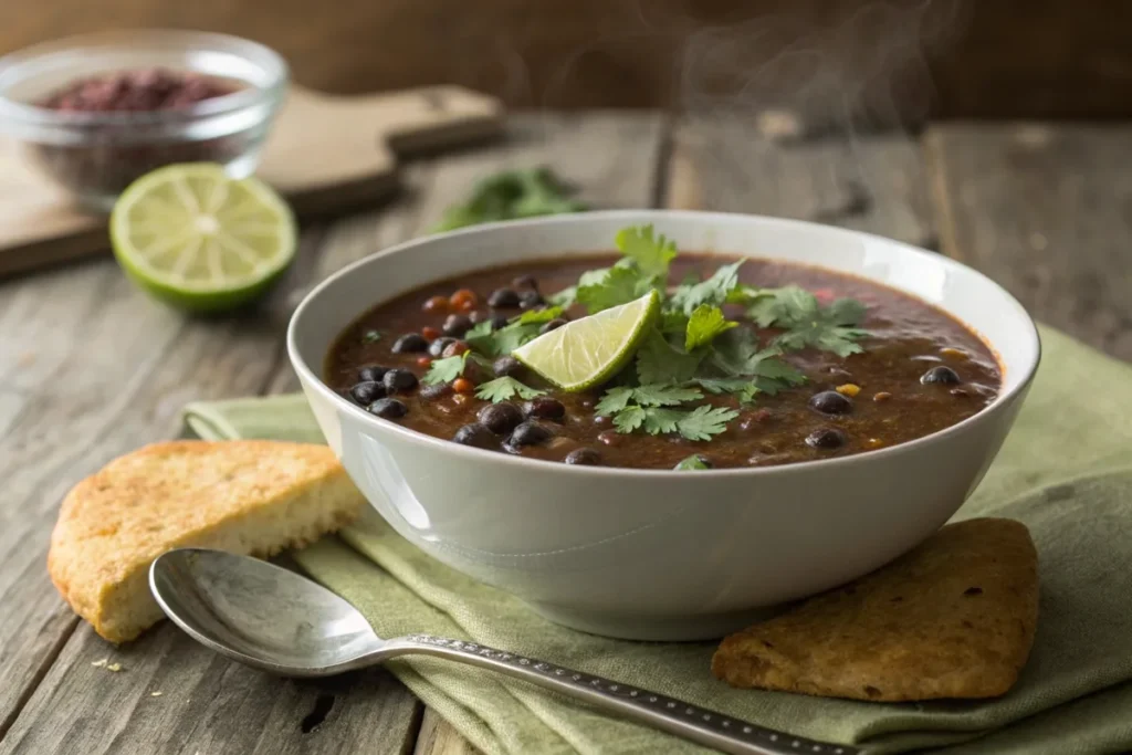 Warm and hearty black bean soup garnished with cilantro and lime on a rustic table.