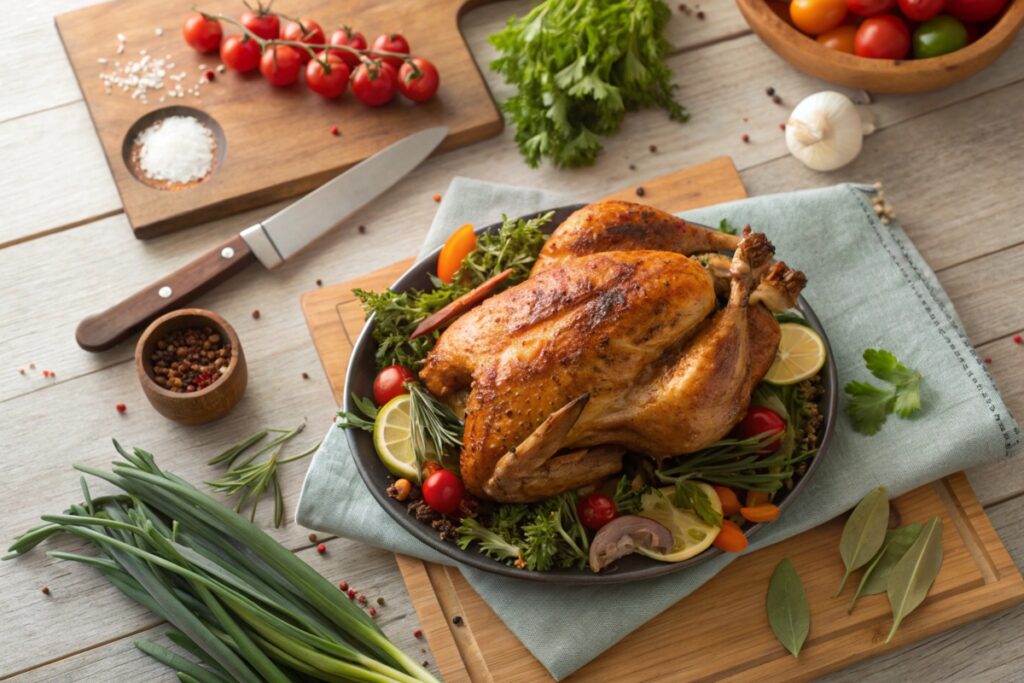 A plate of rotisserie chicken surrounded by fresh herbs and vegetables on a rustic wooden counter.