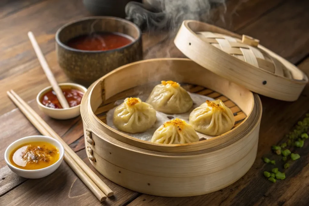 Steaming bamboo steamer filled with vegan soup dumplings, served with dipping sauce and chopsticks.