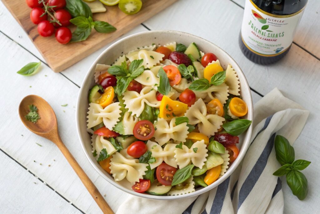 A vibrant bowl of bow tie pasta salad with fresh vegetables and basil, served with Italian dressing.