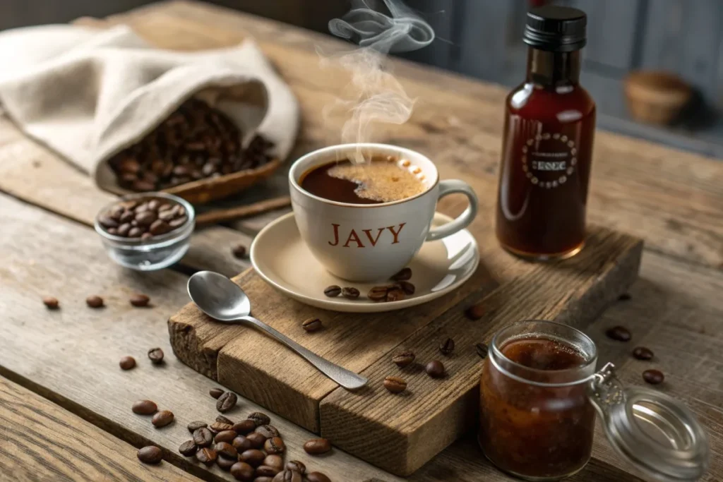 A steaming cup of iced Javy coffee with a bottle of Javy concentrate on a rustic wooden table.