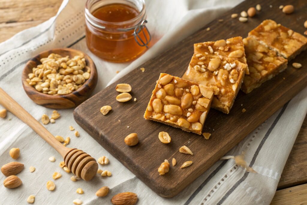 Golden peanut brittle broken into pieces on a rustic wooden board with crushed peanuts and a jar of honey nearby.