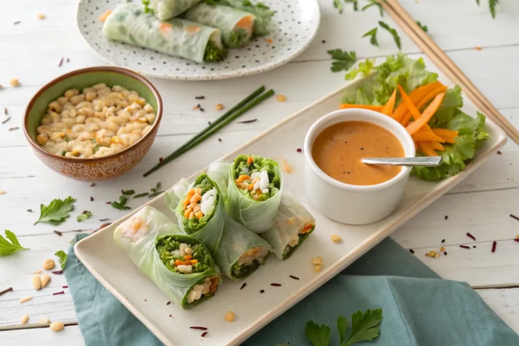 Fresh rice paper salad rolls with peanut dipping sauce on a wooden table.