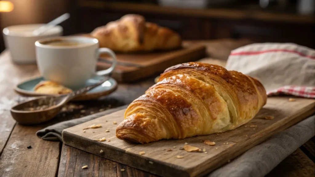 Freshly baked golden Swiss Gipfeli on a rustic wooden table.