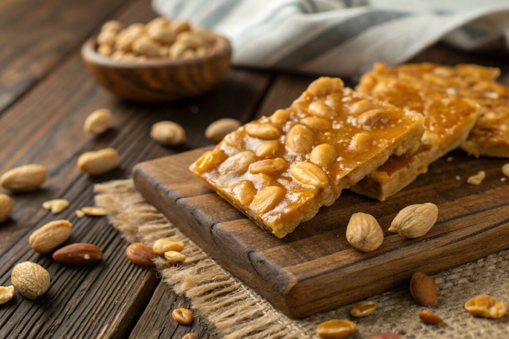 Golden peanut brittle pieces on a wooden table with peanuts around.