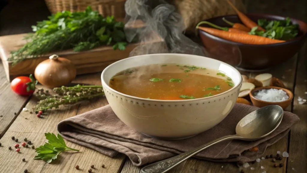 Steaming bowl of bone broth made from soup bones with herbs and vegetables