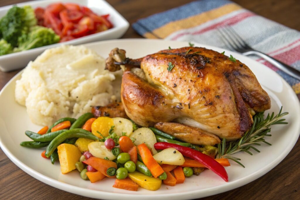 Freshly prepared rotisserie chicken with sides of roasted vegetables, mashed potatoes, and salad.