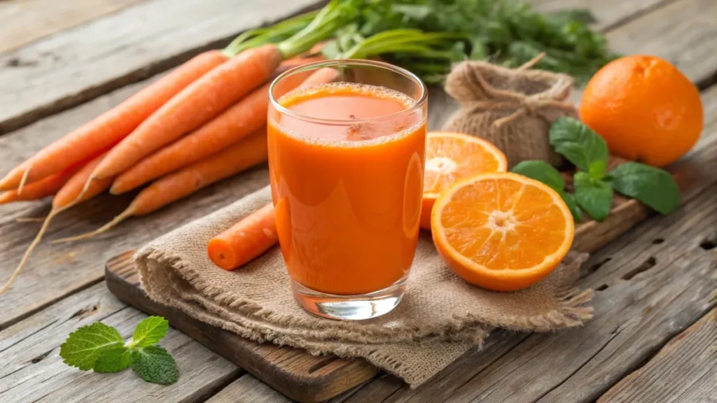 Glass of carrot juice with fresh carrots and oranges on a wooden table.