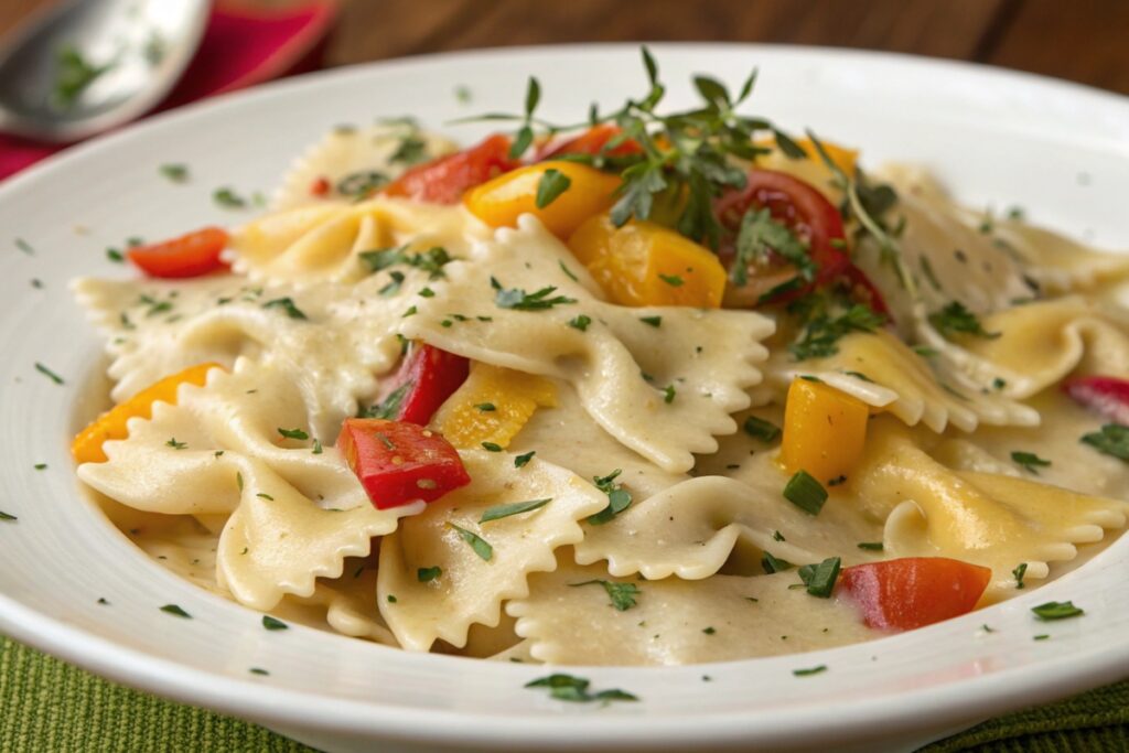 Delicious bow tie pasta in creamy sauce with vegetables and herbs.