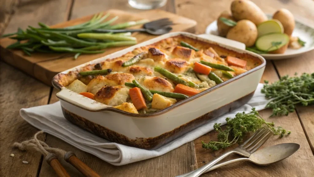 Golden-brown chicken and vegetable casserole in a rustic dish on a wooden table with fresh herbs and serving utensils.