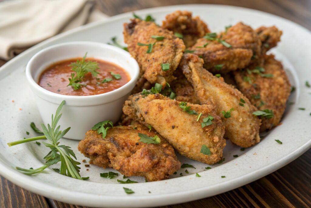 Crispy golden wings served with a dipping sauce.