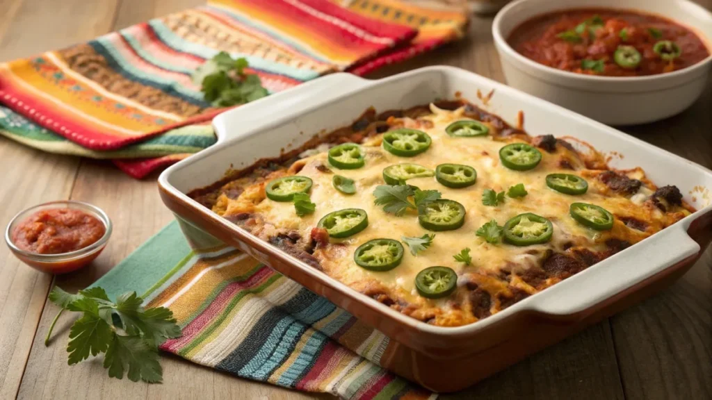 Frozen burrito casserole topped with melted cheese, jalapeños, and cilantro on a wooden table.