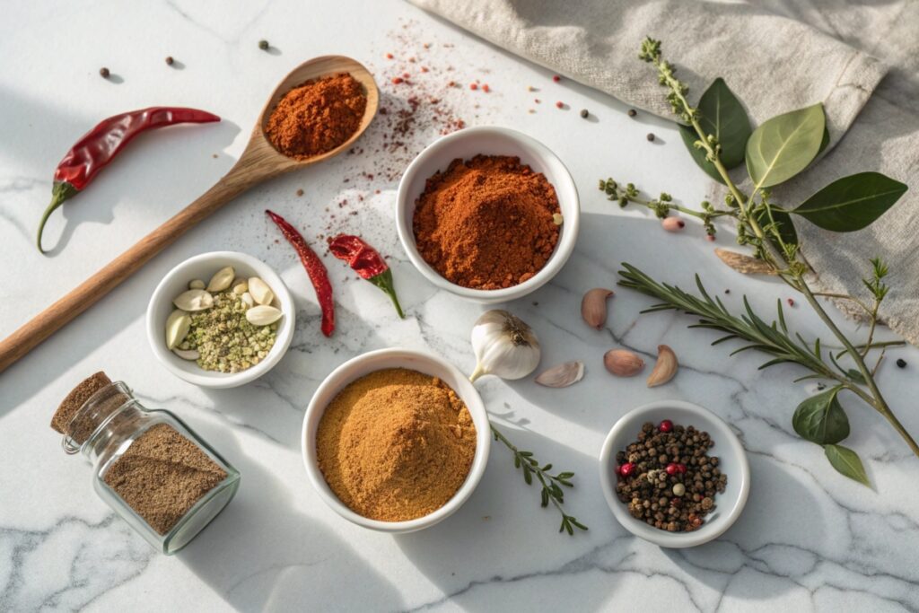 A variety of spices and seasonings for chicken wing rub, including paprika, chili powder, and brown sugar, arranged on a marble countertop.