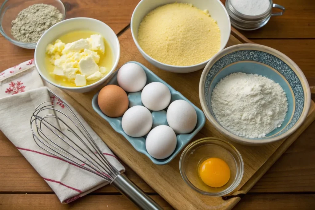 Ingredients for Southern cornbread: cornmeal, buttermilk, eggs, and melted butter on a wooden countertop.