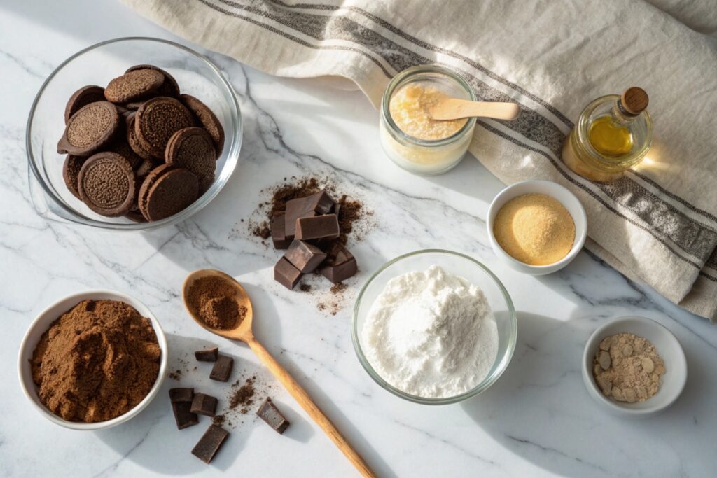 Key ingredients for chocolate wafer cookies, including flour, cocoa powder, butter, and sugar, arranged on a marble surface.