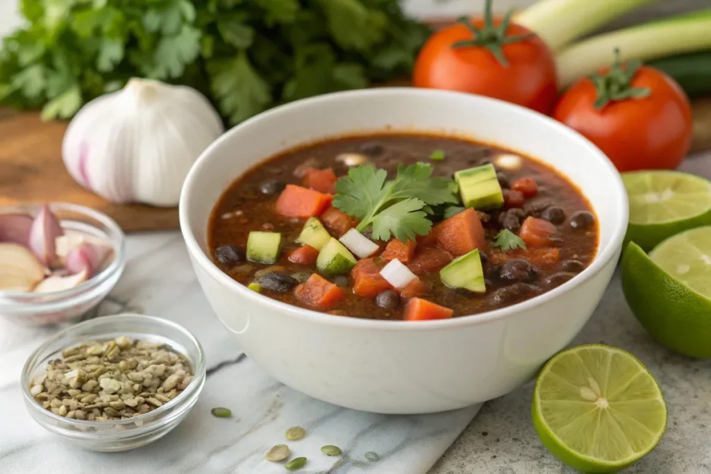 Healthy black bean soup with fresh vegetables and spices for a nutritious meal.