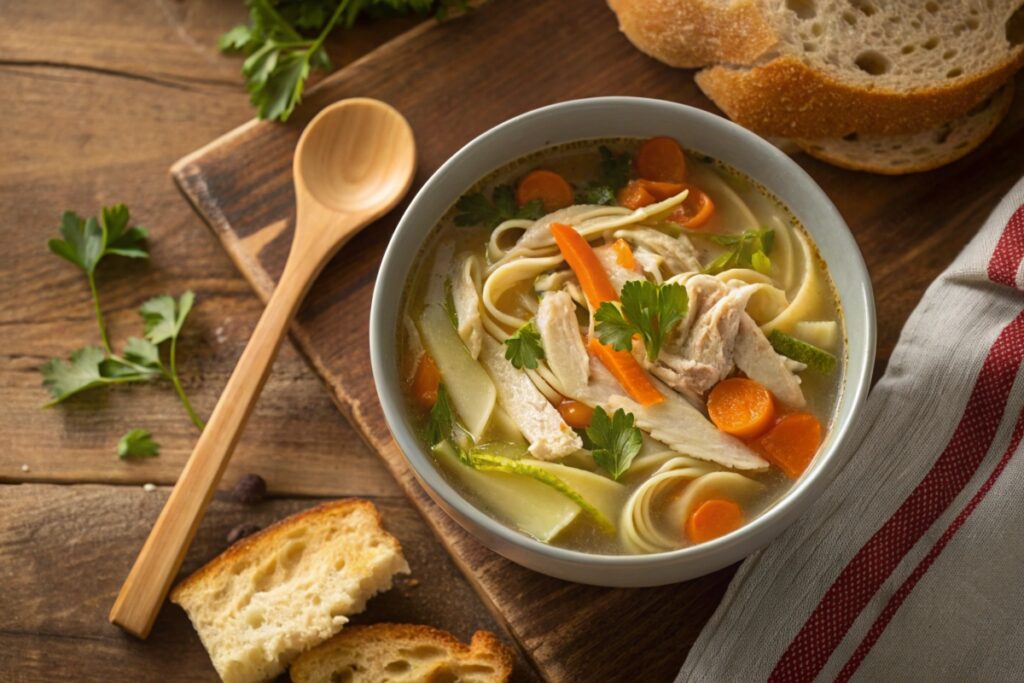 A bowl of hearty chicken noodle soup made with rotisserie chicken, fresh vegetables, and garnished with parsley.