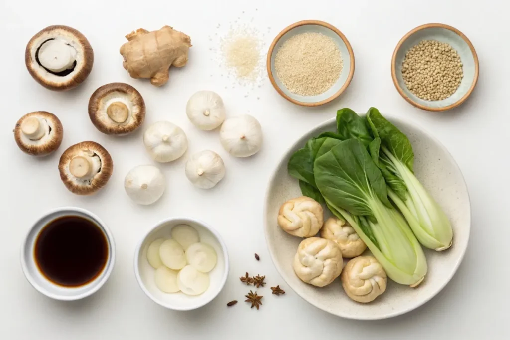 Flat-lay of fresh ingredients for vegan soup dumplings, including mushrooms, ginger, bok choy, and seasonings.