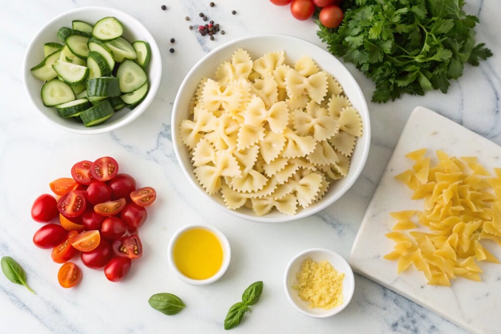 Fresh ingredients for bow tie pasta salad, including uncooked pasta, cherry tomatoes, cucumbers, and basil.