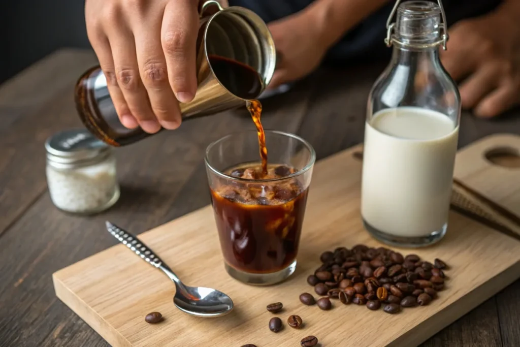 Hands pouring Javy coffee concentrate into a glass with milk and coffee beans in the background.