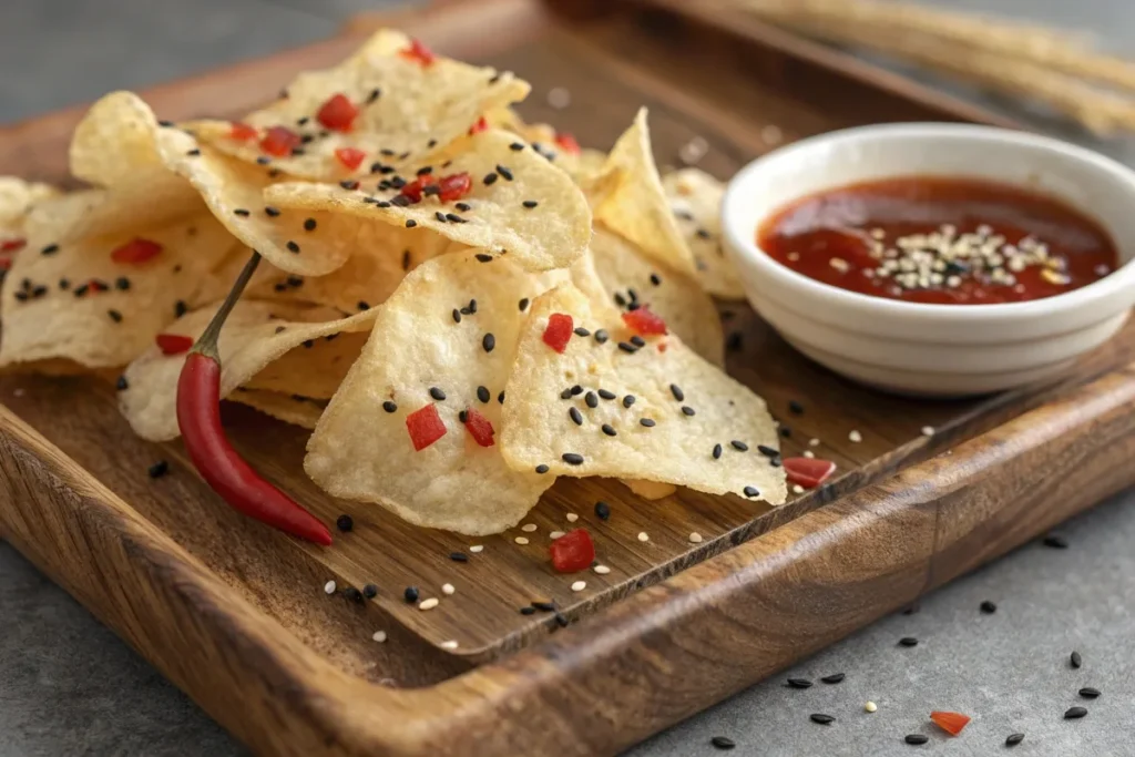 Crispy rice paper chips seasoned with paprika and sesame seeds, served with a dip.