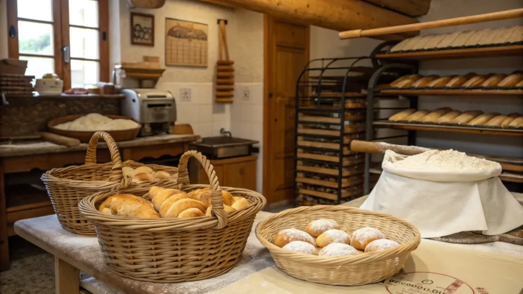 Traditional Swiss bakery with baskets of Gipfeli and baking tools.