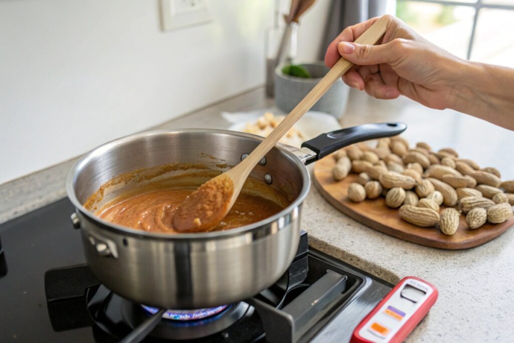 A saucepan with bubbling caramel being stirred with a wooden spoon, surrounded by peanuts and a candy thermometer.