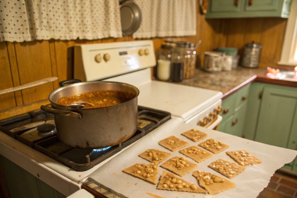 A vintage kitchen with caramel and fresh peanut brittle on parchment paper.