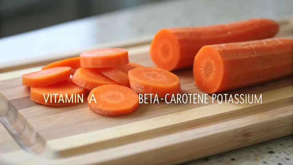 Freshly cut carrots highlighting nutrients like vitamin A and beta-carotene.