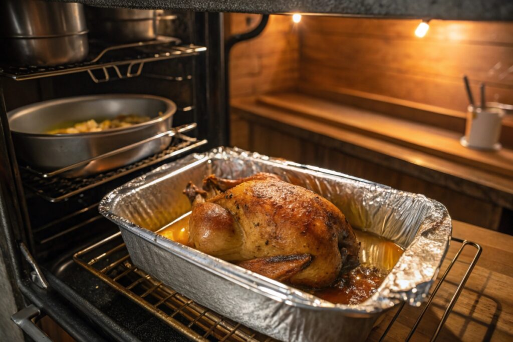 Rotisserie chicken reheating in the oven with foil and chicken broth.