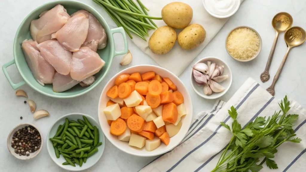 Fresh ingredients for chicken and vegetable casserole, including raw chicken, carrots, green beans, potatoes, and herbs on a kitchen counter.