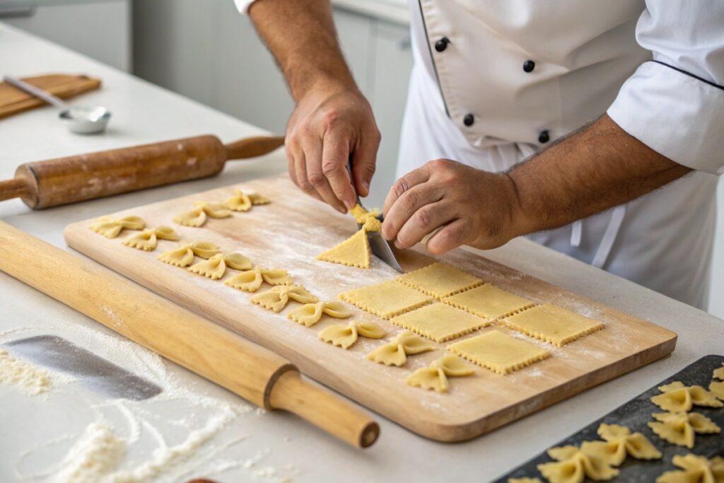 Handcrafted bow tie pasta being shaped by hand.