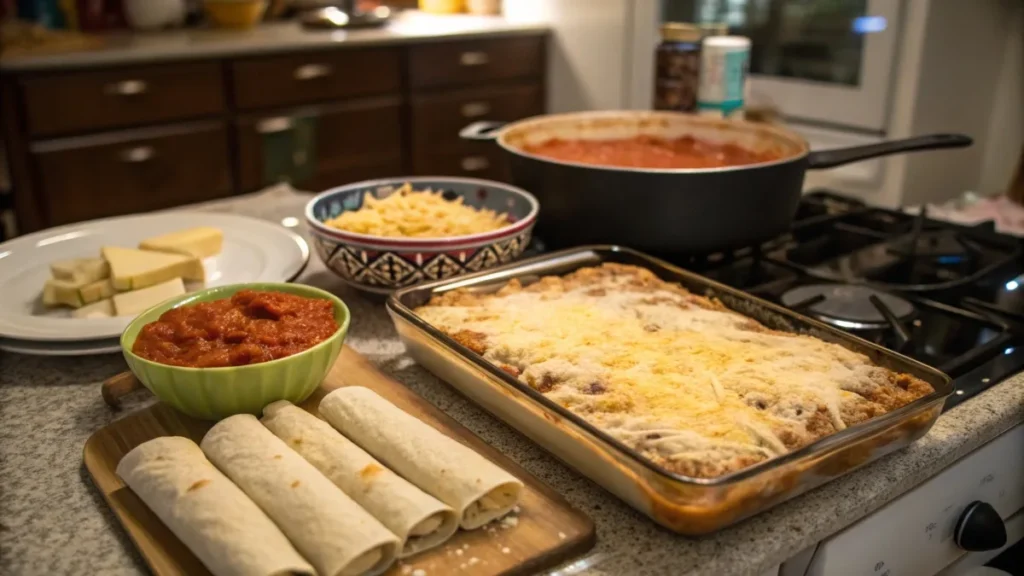 Frozen burrito casserole baking in the oven with ingredients like cheese and salsa nearby.