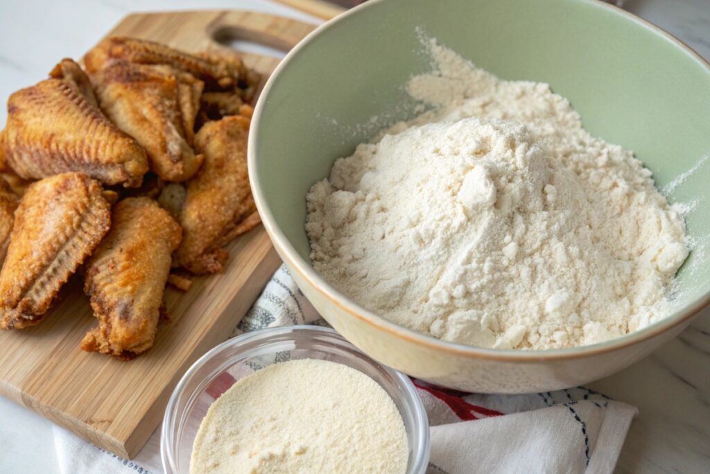 Flour and cornstarch mixture for crispy chicken wings coating.