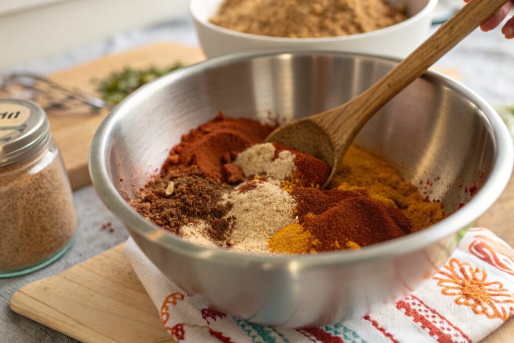 A close-up of a mixing bowl filled with a homemade chicken wing rub blend being stirred with a wooden spoon.