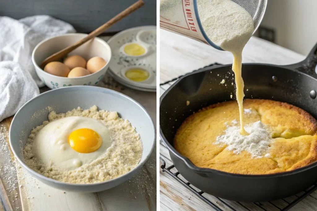 Step-by-step process of making Southern cornbread, from mixing to baking in a cast-iron skillet.