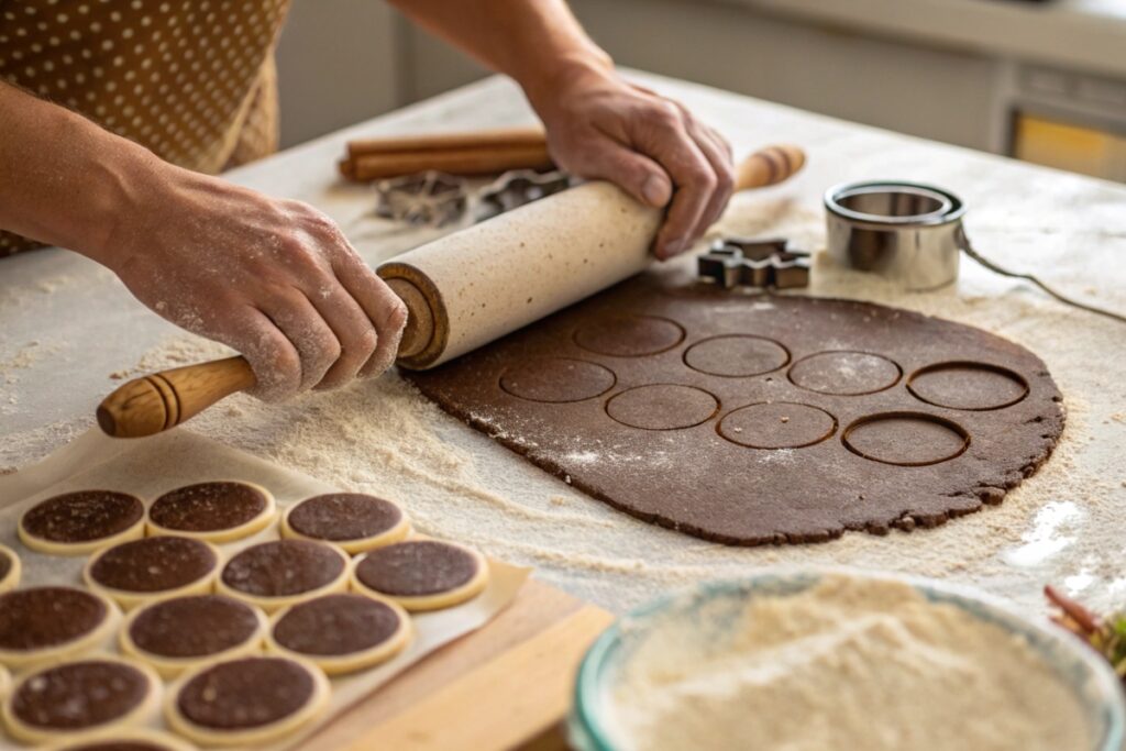 A baker rolling out chocolate wafer cookie dough with cookie cutters and dough circles on a floured surface.