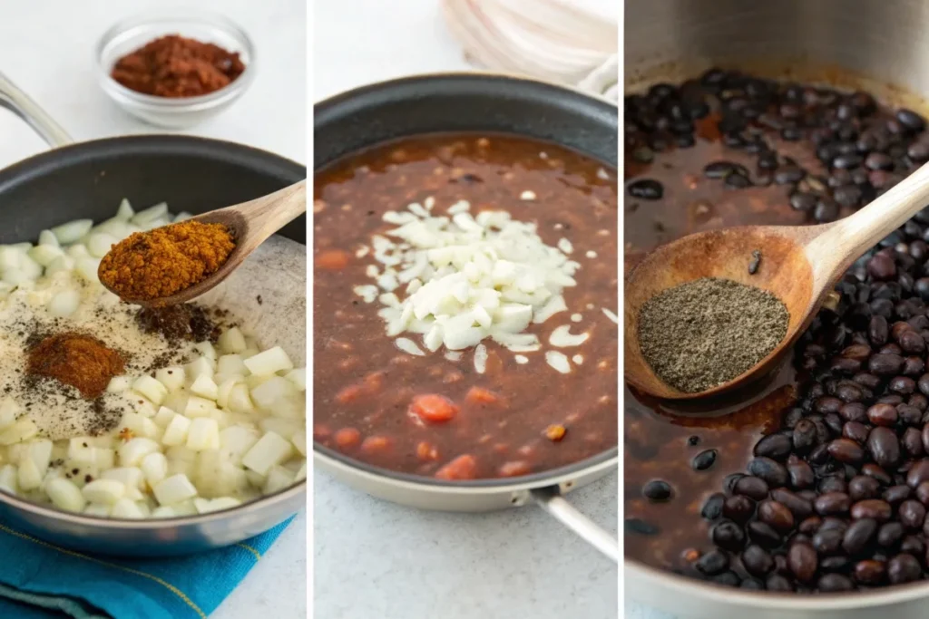 Step-by-step process of making black bean soup, from sautéing to blending for a creamy texture.