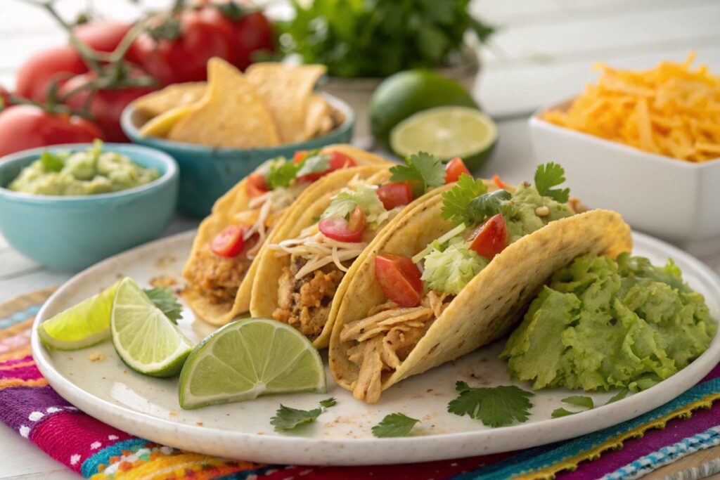 Tacos filled with shredded rotisserie chicken, lettuce, tomatoes, cheese, and guacamole, served with lime wedges.