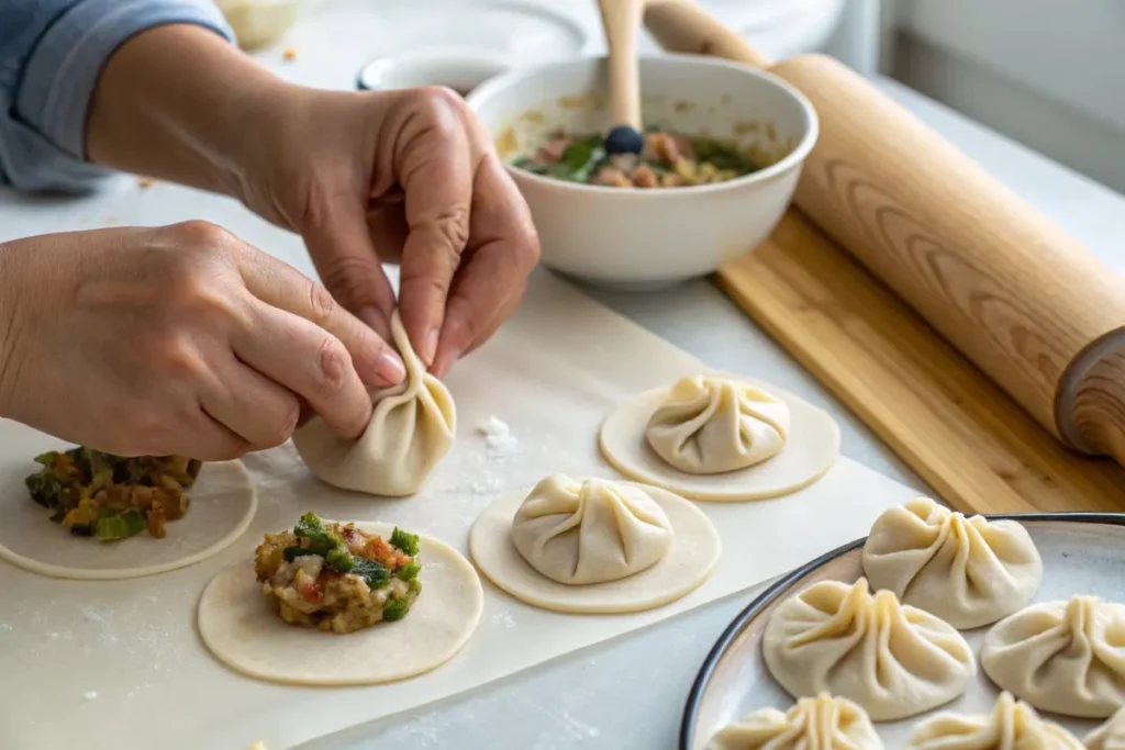 Close-up of hands pleating vegan soup dumplings, showing the filling and precise folding technique.