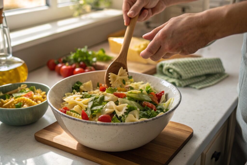 A person mixing bow tie pasta salad with fresh vegetables and dressing using a wooden spoon.