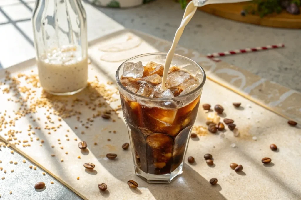 A glass of iced Javy coffee with ice cubes, milk, and a straw on a sunny countertop.