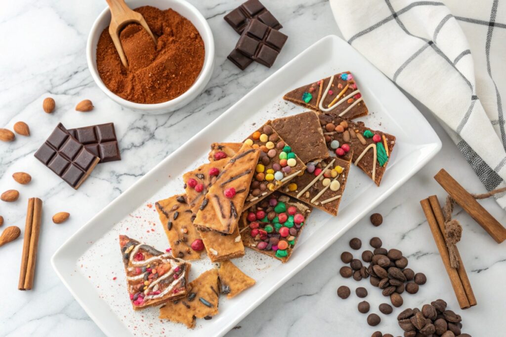 A platter showcasing peanut brittle variations—classic, chocolate-drizzled, and spiced—with scattered chili powder, chocolate chips, and cinnamon sticks.