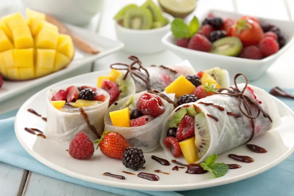 Rice paper fruit wraps filled with mango, berries, and kiwi, drizzled with chocolate sauce.