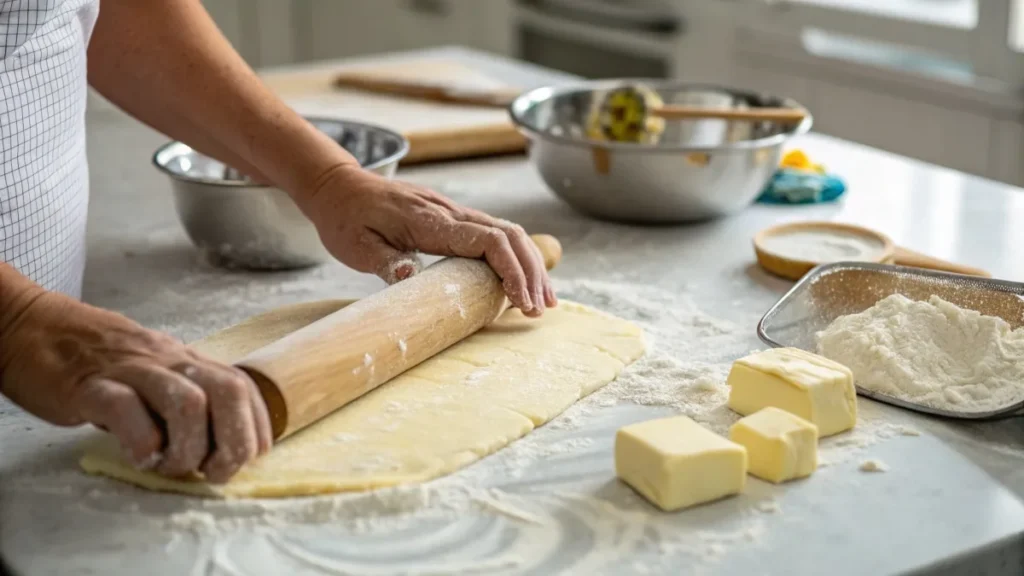 Hands shaping Gipfeli dough on a kitchen counter with butter and flour.