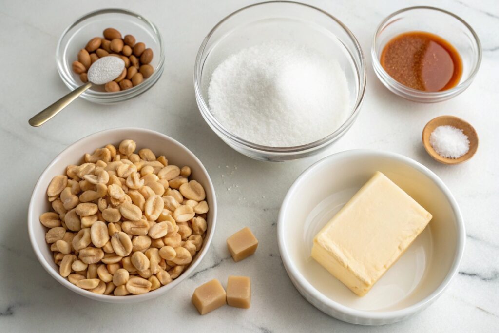 Peanut brittle ingredients like sugar, peanuts, butter, and salt on a countertop.